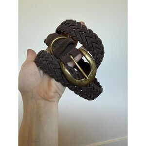 VINTAGE small weave brown leather western brass buckle belt braided